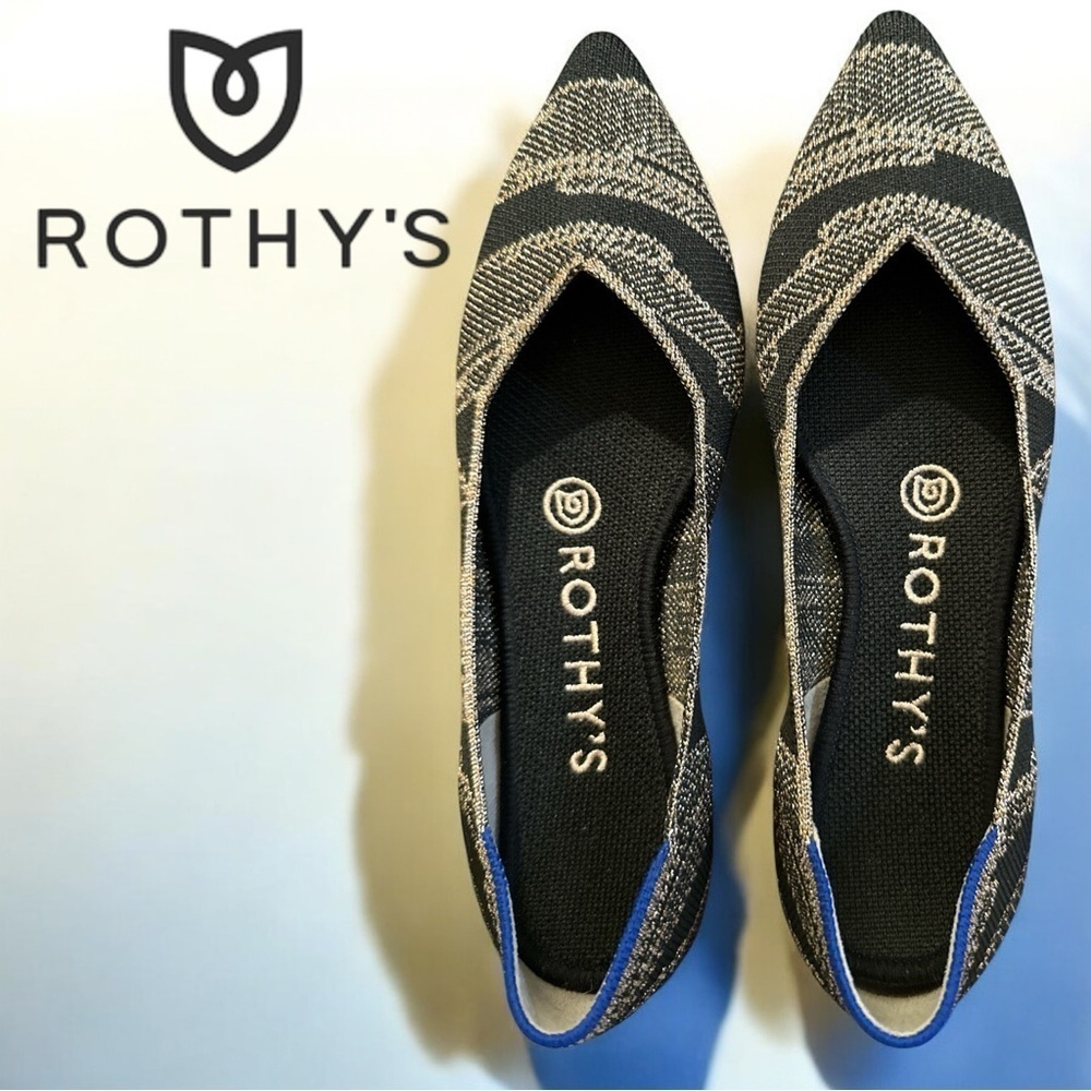 Rothy’s Golden Shimmer Gold Black Pointed Toe Ballet Evening Career Elegant Flat - Picture 2 of 11